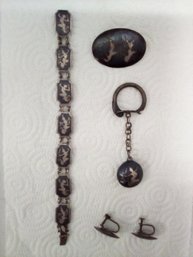 Vintage Siam Sterling Silver Jewelry Suite - Matching Bracelet, Earrings, Pin & Keychain With Inlay Designs