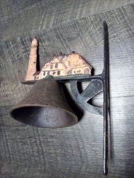 Antique Wall Mount Cast Iron Bell  With Home & Lighthouse Featured On Decorative Panel Original Paint   CKK/E3