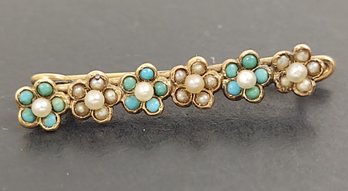 ANTIQUE VICTORIAN 14K GOLD SEED PEARL & TURQUOISE FLOWER BAR PIN