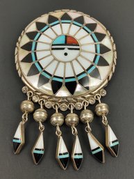 LARGE VINTAGE ZUNI NATIVE AMERICAN RALPH & LILLIE KALLESTEWA STERLING SILVER SUNFACE BROOCH