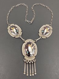 RARE VINTAGE ZUNI NATIVE AMERICAN RONNIE & OLIVIA CALABAZA STERLING SILVER HUMMINGBIRD NECKLACE