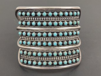 STUNNING VINTAGE ZUNI NATIVE AMERICAN 6 ROWS STERLING SILVER TURQUOISE CUFF BRACELET