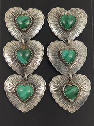 VINTAGE NATIVE AMERICAN STERLING SILVER MALACHITE TRIPLE HEART DANGLE EARRINGS