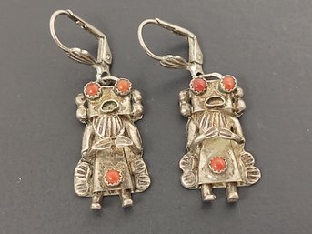 VINTAGE NAVAJO NATIVE AMERICAN STERLING SILVER CORAL KACHINA EARRINGS