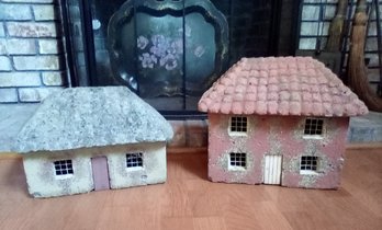 Two Concrete Miniature Cottage - Are A Playful Addition To Your Decor, Weather Durable For Gardens, Add Lights