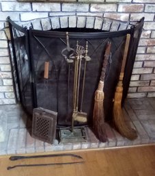 Fireplace Tools- Log Holder,  Decorative Vintage Popcorn Cooker, 2 Brooms, 4 Tools With Stand