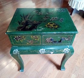 Asian Influenced Hand Painted Wood Table With 1 Drawer On Each Side