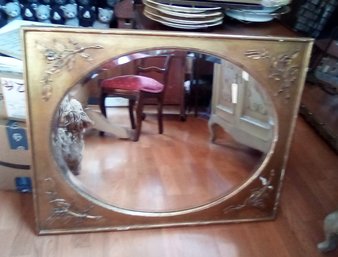 Decorative Beveled Oval Mirror With Gold Painted Wood Frame / Carvings & Fabric Covered Back