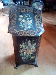 Antique Tin Coal Caddy / Hod Circa 1860 With Exquisite Hand Painting & Handled Pail Inside