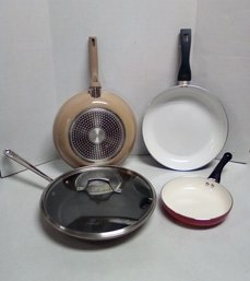 Four Kitchen Frying Pans - Lidded Cephalon, Ecolution, Denmark & Smaller Red Enameled  MB/CVBK