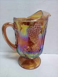 Amber Carnival Glass Pitcher Adorned With Raised Images Of Grapes & Leaves  LizS/E4