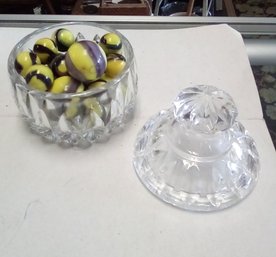 Vintage Ca 1950s Yellow & Purple Marbles Held In Pressed Glass Lidded Bowl     TA/A5