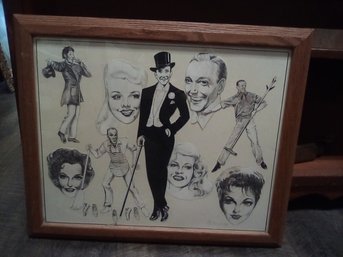 Original Hollywood Celebrity Portraits Collage In Wood Frame Signed By Artist Artur 6/2009 SA/WA-B