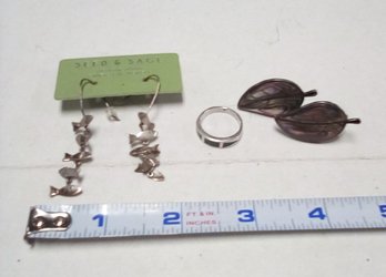 Sterling Silver Jewelry Lot - Abalone Screw Type Earrings, Turquoise Ring, Seed & Sage Pierced Earrings AW/D4