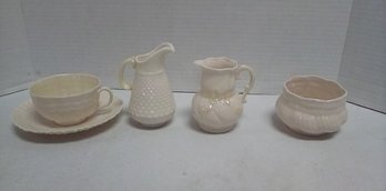 Belleek Of Ireland Super Eggshell Porcelain, 6th Mark Green 1965-80 - Creamers, Sugar Bowl, Teacup MelbG/B4