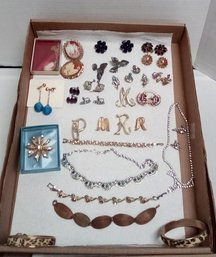 Vintage 29 Item Jewelry Lot With Cameos, Initials, Sparkling Bracelets, Earrings & Pins