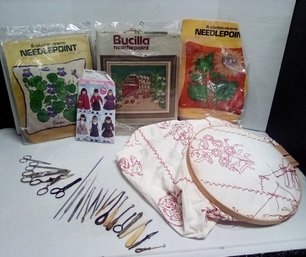 Sewing Lot - Needlepoint Kits, Embroidery Piece In Progress & Fine Tools  LizS/CVBK