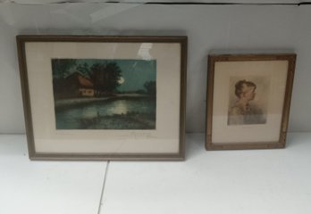 Two Beautiful Vintage Framed Prints One Of A House By The River The Other A Profile Of A Young Girl  MB/ WA D