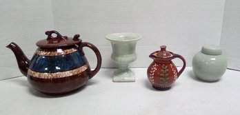 Handsome Set Of Ceramics - Teapot, Lidded Creamer, Lidded Ginger Jar & Open Pedestal Vase LizS/CVBK