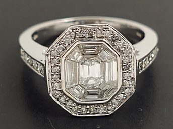 STUNNING 14K WHITE GOLD EMERALD CUT MOSAIC DIAMOND HALO RING 1.4ctw Retail $8,000