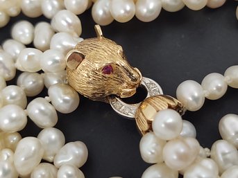 BEAUTIFUL VINTAGE 14K GOLD LION HEAD MULTI STRAND PEAR PEARL NECKLACE