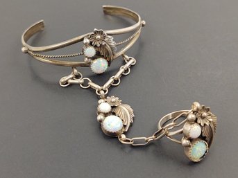 VINTAGE NAVAJO NATIVE AMERICAN JASON LIVINGSTON STERLING SILVER OPAL SLAVE BRACELET W/ RING