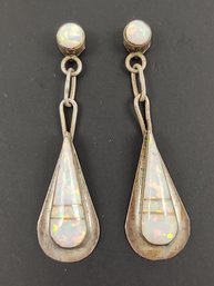 VINTAGE SIGNED ZUNI NATIVE AMERICAN STERLING SILVER OPAL DROP EARRINGS