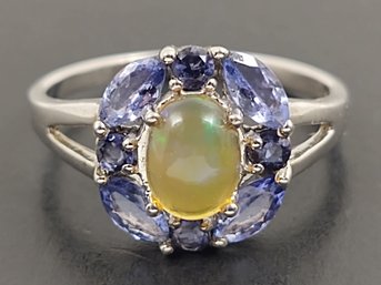 BEAUTIFUL STERLING SILVER JELLY OPAL & TANZANITE RING