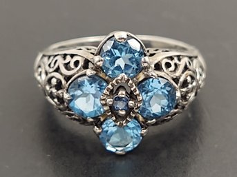 FILIGREE STERLING SILVER BLUE TOPAZ & SAPPHIRE FLOWER RING