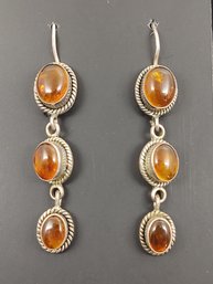 VINTAGE STERLING SILVER AMBER DROP EARRINGS