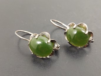 VINTAGE STERLING SILVER JADE CABOCHON EARRINGS