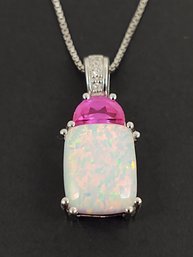 BEAUTIFUL STERLING SILVER OPAL PINK SAPPHIRE & DIAMOND NECKLACE