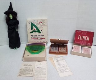 Multi Toy Lot - 4 Card Holders Canasta-Samba, Bridge Box & 2 Decks, Flinch & Witch Of The West LizS/E4