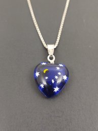 VINTAGE ITALIAN STERLING SILVER MILLEFIORI GLASS MOON & STARS HEART NECKLACE