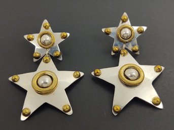 LARGE VINTAGE MEXICAN STERLING SILVER & BRASS DOUBLE STAR EARRINGS