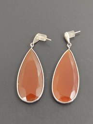 VINTAGE STERLING SILVER & FACETED CARNELIAN DANGLE EARRINGS