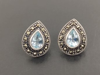 VINTAGE STERLING SILVER BLUE TOPAZ & MARCASITE EARRINGS