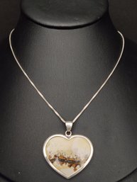 VINTAGE STERLING SILVER PICTURE JASPER HEART NECKLACE