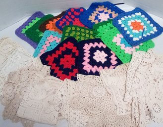 12 Crocheted Afghan Squares & 10 Lacey Round & Rectangular Doilies     212/C1