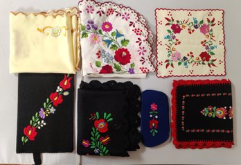 Hungarian Handmade Kalocsai Folk Art- 3 Table Runners, Notebook Holder, Apron, Kerchief, Eyeglass Case 212/B3