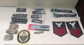 Nice Assortment Of Navy Patches,pins, Belt Buckles ,  TA / A1