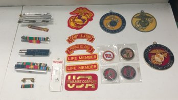 Assorted Marine Corps Ribbons, Ribbon Holders, Patches, Coins , Medallions.  TA / A1