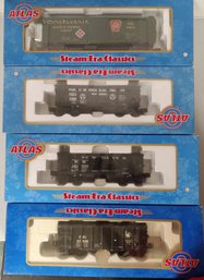 4 Train Cars In Boxes - Atlas Panelside, Fishbelly,  Coal Hopper Car & 1 Single-sheathed Box Car      212 /B1