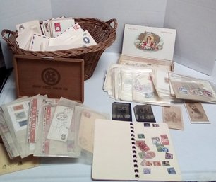 Vintage Postage Envelopes & Stamps In A Basket, Lots Unused, Antique Tin Type & Photos     TA-BW-CKK/C3