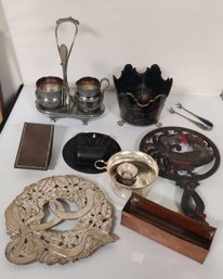 2 Cast Iron Trivets, Cream, Sugar, Stand& Spoon, Tole Planter, Holder, Copper Tray& Pipe, Cup.   LizS/BR  / A2