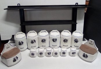 German Kitchen Canisters - 14 Units In Black & White With Blue Border Plus Wood Shelf  MAB/E5