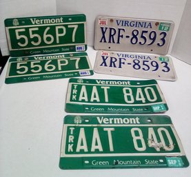 6 Out Of State License Plates - 2 Matching Pair For Vermont & 1 Matching Set For Virginia  NC/C3