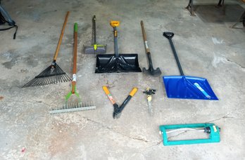 Assortment Of Yard Tools, Rakes, Dust Pan & Broom, Pruners, Lawn Sprinklers, Snow Shovels, One Spade Shovel