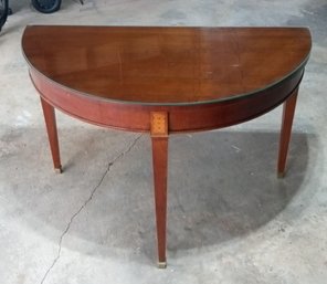 Beautiful Vintage Mahogany Demi- Lune Hall Table With Brass Hardware, Glass Top & Nice Inlays