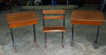 Two Beautiful Antique Wood & Cast- Iron School Desks And One Chair.